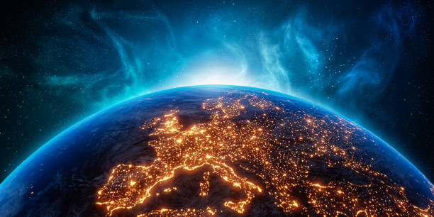 istock City lights Europe continent at night from outer space. 3D rendering illustration. Earth map texture provided by Nasa. Energy consumption, electricity, industry, power supply, ecology concepts. 1221576121