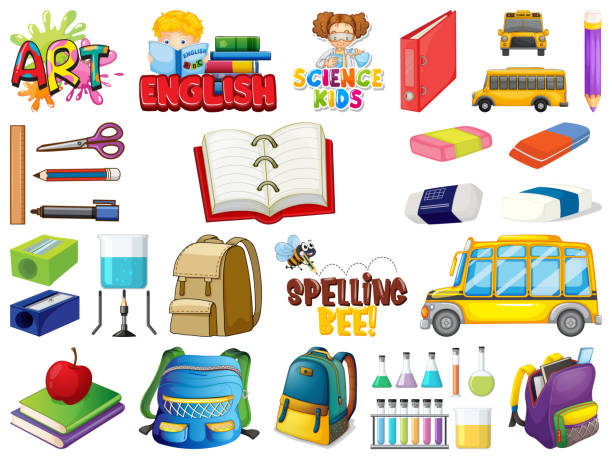 Large set of school items on white background Large set of school items on white background illustration spelling bee stock illustrations