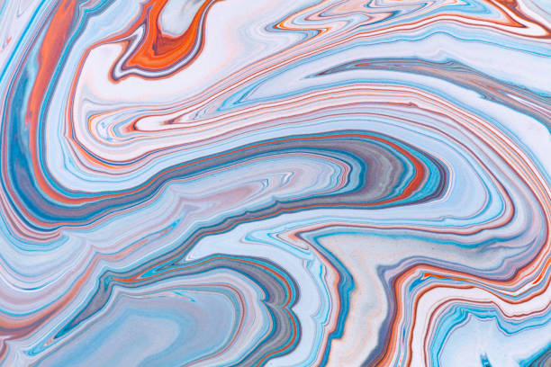 Fluid art texture. Abstract background with iridescent paint effect. Liquid acrylic picture with artistic mixed paints. Can be used for baner or wallpaper. Orange, blue and gray overflowing colors