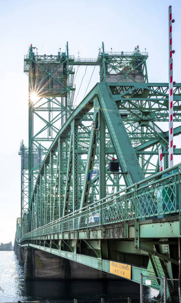 istock Arched drawbridge Columbia River Interstate Bridge with towers and balances and separation of flows of traffic in Portland 1221581243