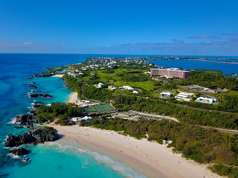 The drone aerial view of Southampton seashore, Bermuda island.