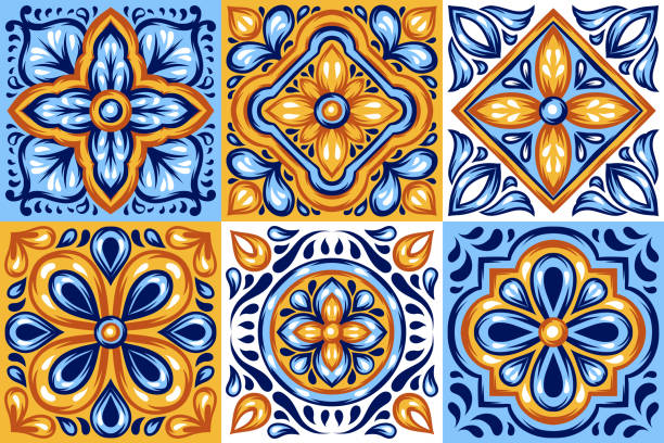 italienische keramik fliesen muster. mediterrane porzellan-keramik. - flower backgrounds tile floral pattern stock-grafiken, -clipart, -cartoons und -symbole