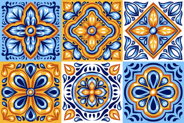 итальянский керамический узор плитки. средиземноморская фарфоровая керамика. - spanish culture pattern tile backgrounds stock illustrations