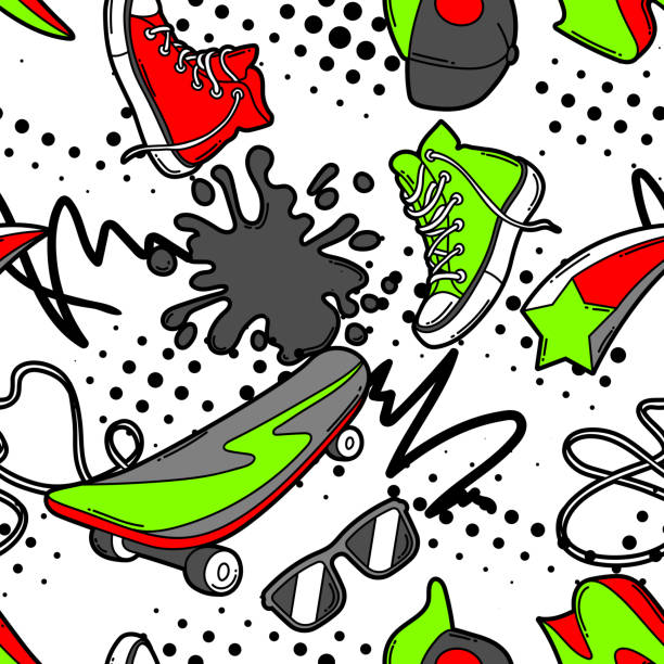 ilustraciones, imágenes clip art, dibujos animados e iconos de stock de patrón sin costuras con zapatillas de dibujos animados, skateboard y gorra de béisbol. - skateboard skateboarding extreme sports halftone pattern