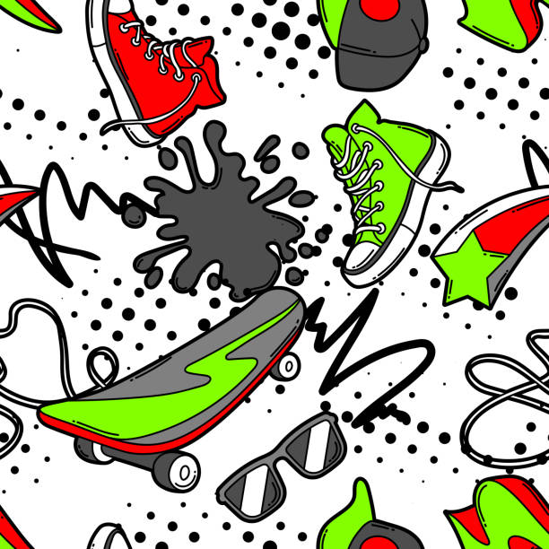 illustrazioni stock, clip art, cartoni animati e icone di tendenza di motivo senza cuciture con sneakers da cartone animato, skateboard e cappellino da baseball. - skateboard skateboarding extreme sports halftone pattern