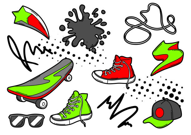 ilustraciones, imágenes clip art, dibujos animados e iconos de stock de conjunto de zapatillas de dibujos animados, monopatín y gorra de béisbol. - skateboard skateboarding extreme sports halftone pattern