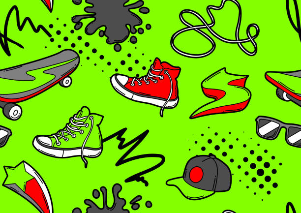 ilustraciones, imágenes clip art, dibujos animados e iconos de stock de patrón sin costuras con zapatillas de dibujos animados, skateboard y gorra de béisbol. - skateboard skateboarding extreme sports halftone pattern