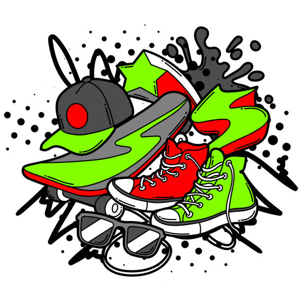 ilustraciones, imágenes clip art, dibujos animados e iconos de stock de impresión con zapatillas de dibujos animados, monopatín y gorra de béisbol. - skateboard skateboarding extreme sports halftone pattern
