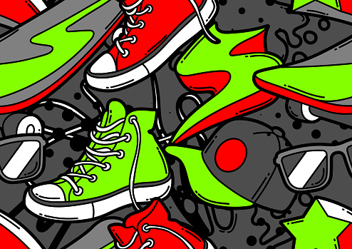 Seamless pattern with cartoon sneakers, skateboard and baseball cap. Urban colorful teenage creative background. Fashion symbols in modern comic style.