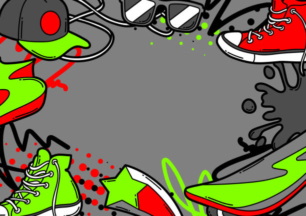 illustrazioni stock, clip art, cartoni animati e icone di tendenza di sfondo con sneakers cartoon, skateboard e cappellino da baseball. - skateboard skateboarding extreme sports halftone pattern