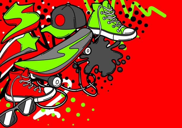 illustrazioni stock, clip art, cartoni animati e icone di tendenza di sfondo con sneakers cartoon, skateboard e cappellino da baseball. - skateboard skateboarding extreme sports halftone pattern