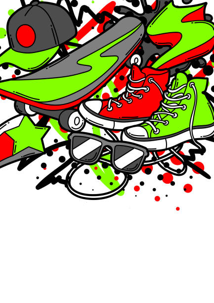 illustrazioni stock, clip art, cartoni animati e icone di tendenza di sfondo con sneakers cartoon, skateboard e cappellino da baseball. - skateboard skateboarding extreme sports halftone pattern