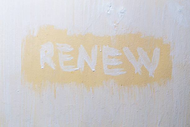 the word renew written with fresh paint over old flat painted surface.