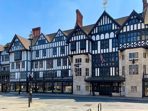 Chester, UK - August 2nd 2018: The beautiful architecture of The Rows on Bridge Street in the historic city of Chester in Cheshire, UK.