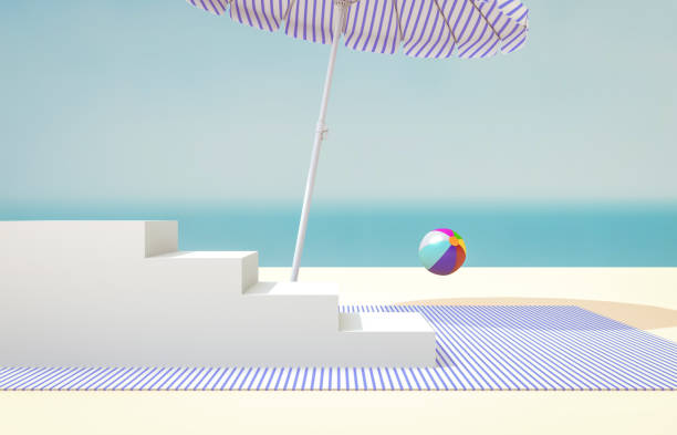 istock Natural summer beach backdrop with white stair for product display. Abstract 3d summer scene. sea view. 1221589295