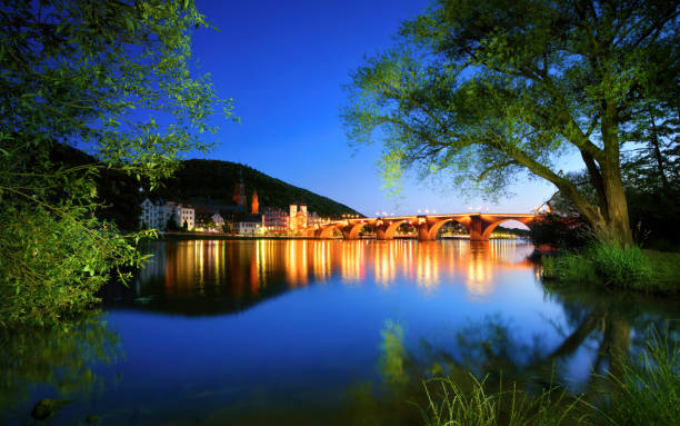 Neckar river in Heidelberg, Germany, at dusk, with deep blue sky reflected in the clear water and green trees framing the illuminated Old Bridge