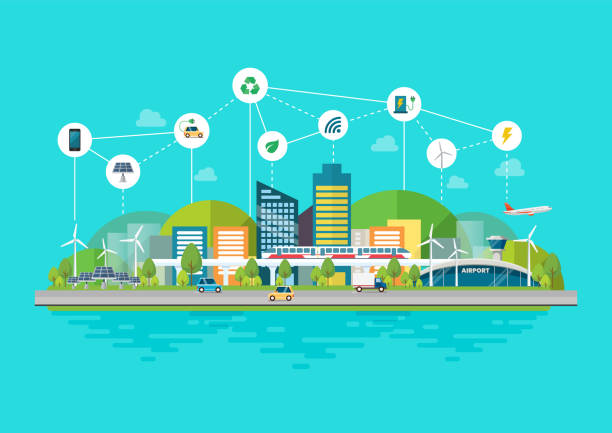 инновационный экологически чистый городской пейзаж с инфраструктурой и транспортом - metropolis building stock illustrations