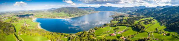 tegernsee lake bavarian alps germany. aerial drone panorama spring - lake tegernsee imagens e fotografias de stock
