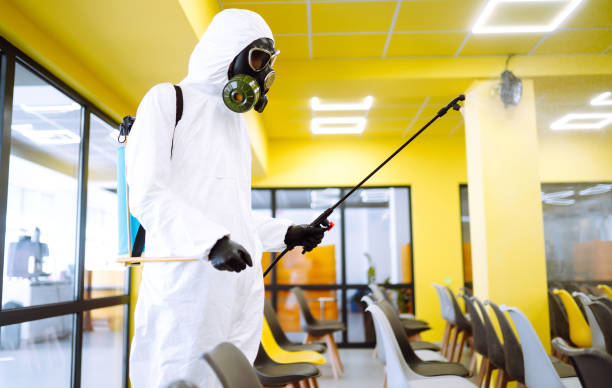 istock Man wearing protective suit disinfecting assembly hall. 1221590384