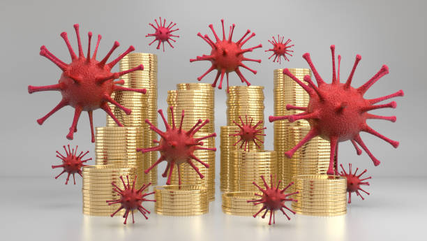 istock Viruses float above stack of golden coins, economic impact from Covid 19 concept. 3D rendering 1221591339