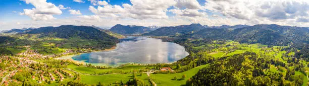 Tegernsee Lake Bavarian Alps Germany. Aerial Drone Panorama Spring. 2020