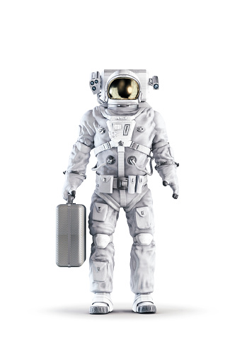 3D illustration of space suit wearing male figure holding large briefcase isolated on white studio background