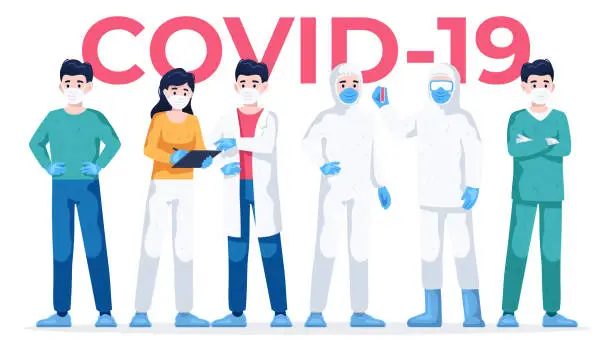 Vector illustration of Doctors and nurses, medical personnel. Virus Covid-19, Coronavirus infection. Vector illustration. Respiratory disease. Pandemic and quarantine. People wearing face masks. Cute characters. Flat eps10.