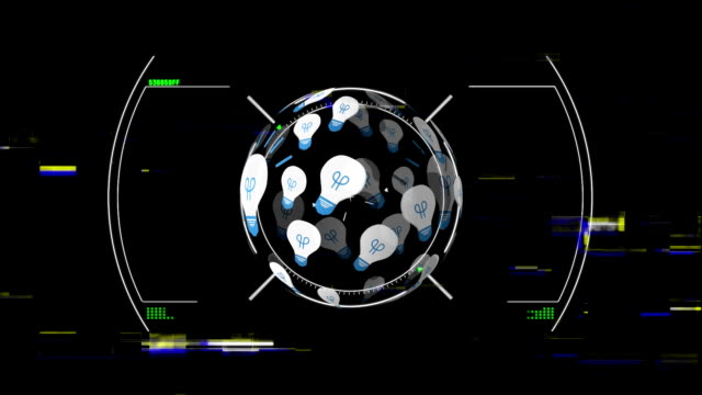 Animation of scope scanning digital globe formed with light bulbs spinning