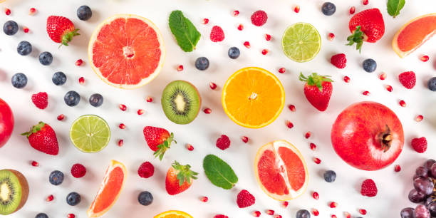 istock Fresh summer fruit panorama, a flatlay on a white background, vibrant food pattern, shot from above 1221596396