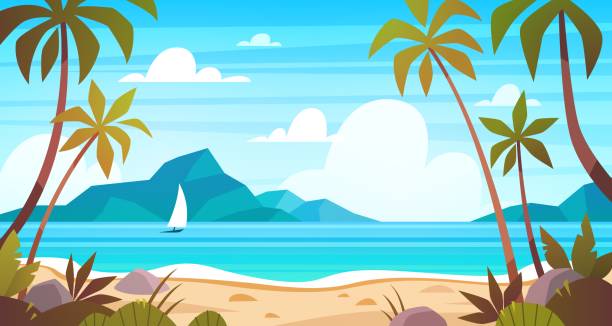 Sea landscape. Tropical beach, ocean seashore. Paradise island panorama with palm tree, exotic resort summer vacation cartoon vector concept Sea landscape. Tropical beach, ocean seashore. Paradise island panorama with palm tree and sky, exotic resort summer vacation cartoon vector concept bay cartoon stock illustrations