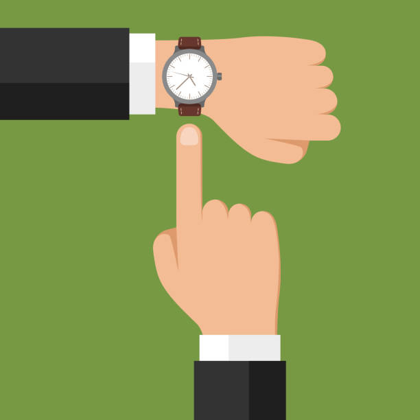 Wristwatch on hand. Businessman showing time on his watch, checking time. Minimize work, time is money vector concept Wristwatch on hand. Businessman showing time on his watch, checking time or symbol of deadline. Minimize work, time is money vector concept clock clipart stock illustrations