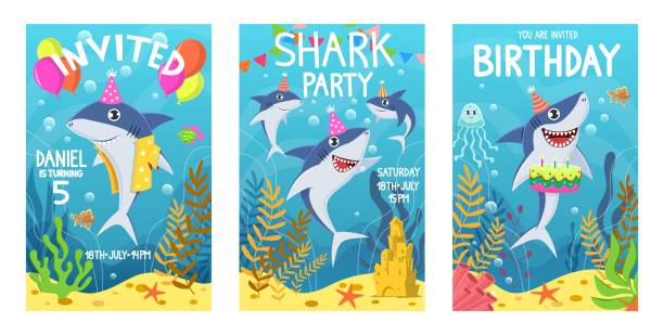 stockillustraties, clipart, cartoons en iconen met uitnodigingen kaart met schattige haaien. kleur wenskaart, onderzeese wereld dieren. haai, zeewier en vissen kinderen partij cartoon vector poster - toy shark