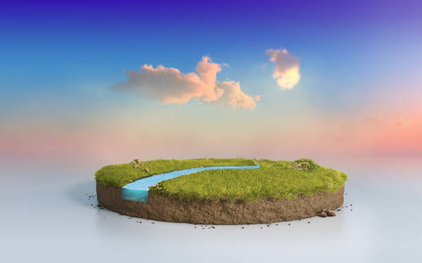 istock Fantasy 3D rendering circle podium grass field with river, surreal round soil cutaway isolated on purple sunset sky 1221598456