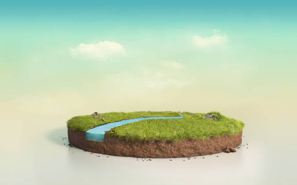 istock Fantasy 3D rendering circle podium grass field with river, surreal round soil cutaway isolated on pastel cyan twilight sky 1221598460