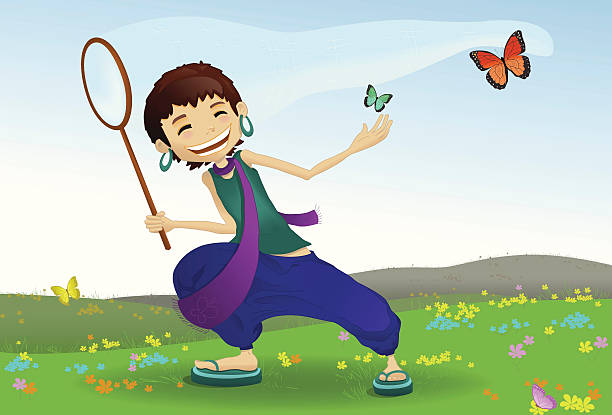 Spring Girl Chasing butterflies vector art illustration