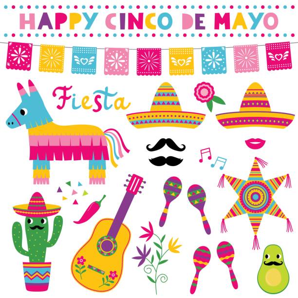 illustrazioni stock, clip art, cartoni animati e icone di tendenza di cinco de mayo, festa nazionale messicana, set vettoriale (sombreros, pinatas, chitarra, striscioni colorati e decorazioni) - sombrero hat mexican culture isolated