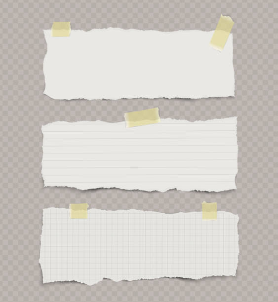 набор разорванных порв�анных блокнотов с желтой липкой лентой на прозрачном фоне. - lined paper paper old notebook stock illustrations