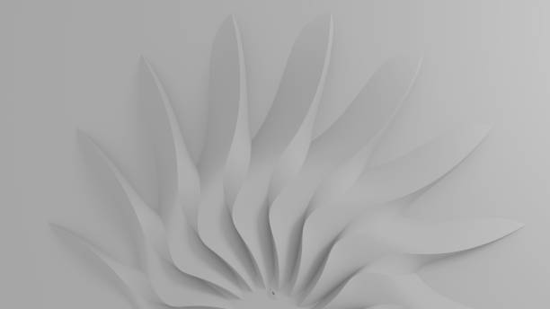 istock Modern realistic abstract parametric three-dimensional background of a set of wavy swirling white three-dimensional petals converging in a cent. 3D illustration 1221605412
