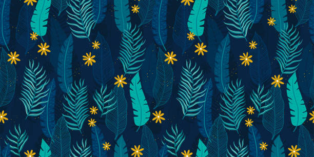 illustrazioni stock, clip art, cartoni animati e icone di tendenza di tropical leaves seamless pattern - foglie eleganti, esotiche, disegnate a mano - ottimo per tessuti, tessuti, sfondi, striscioni, carte - design della superficie - rainforest austria nature tree