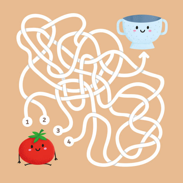 Find the right path logic quest for kids. Help cute tomato find the right path to bowl. Happy labyrinth. Colour maze game vector illustration. Kids worksheets. Online game. Find exit from the maze. vector art illustration