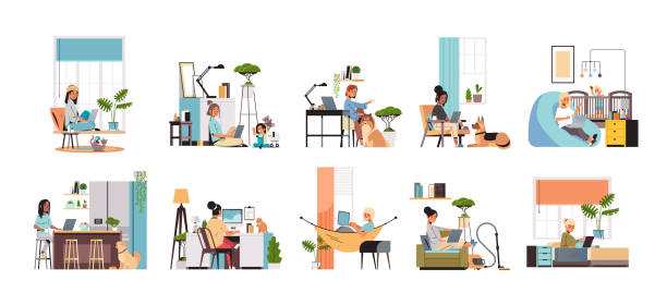 set mix race women freelancers using laptop working at home during coronavirus quarantine freelance set mix race women freelancers using laptop working at home during coronavirus quarantine self-isolation freelance social distancing concept horizontal full length vector illustration work from home stock illustrations