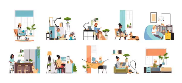 Vector illustration of set mix race women freelancers using laptop working at home during coronavirus quarantine freelance