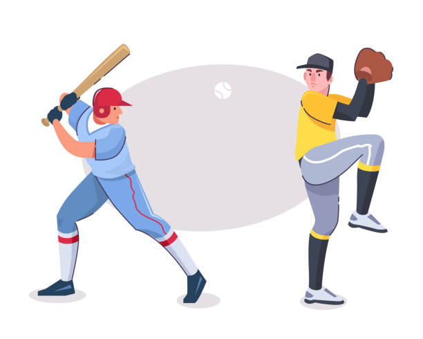 Vector character baseball player batter, pitcher Vector character illustration of baseball players in different poses. Batter with bat, pitcher with glove, isolated objects in sports uniform. Professional competition, entertainment, hobby concept men baseball baseball cap baseball bat stock illustrations