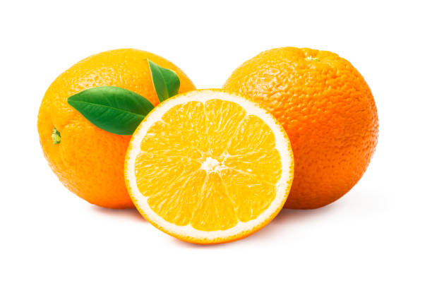 istock Orange fruit with orange slices and leaves isolated on white background. 1221608357