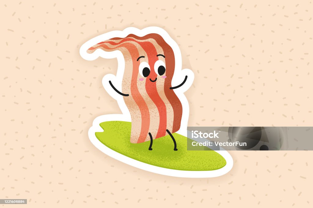 Cute Funny Bacon On A Surf Surfing Bacon Cartoon Character On A Pattern  Creative Design For Children Books Happy Waving Bacon For Monday Breakfast  Sporty Ham Fight Against Unhealthy Fat Sticker Stock