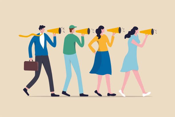 ilustrações de stock, clip art, desenhos animados e ícones de marketing strategy, word of mouth people tell friend about good product and service, vebally tell story or communication concept, people using megaphone to tell story to their friends. - palavra única ilustrações