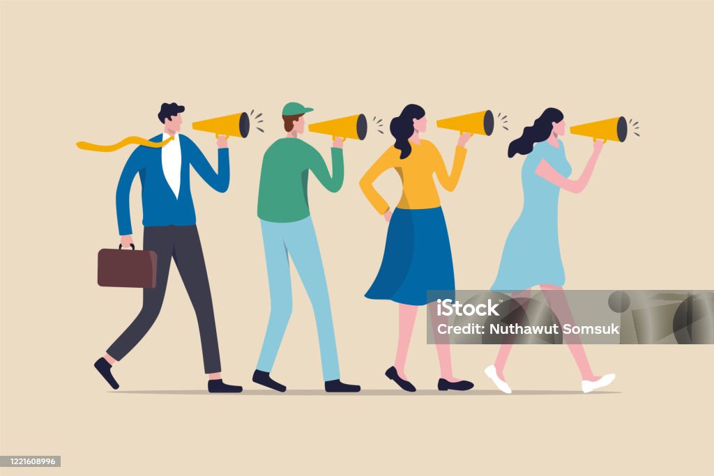 Marketing strategy, word of mouth people tell friend about good product and service, vebally tell story or communication concept, people using megaphone to tell story to their friends. Marketing stock vector