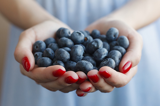 Caucasian woman holding blueberries in her cupped hands.