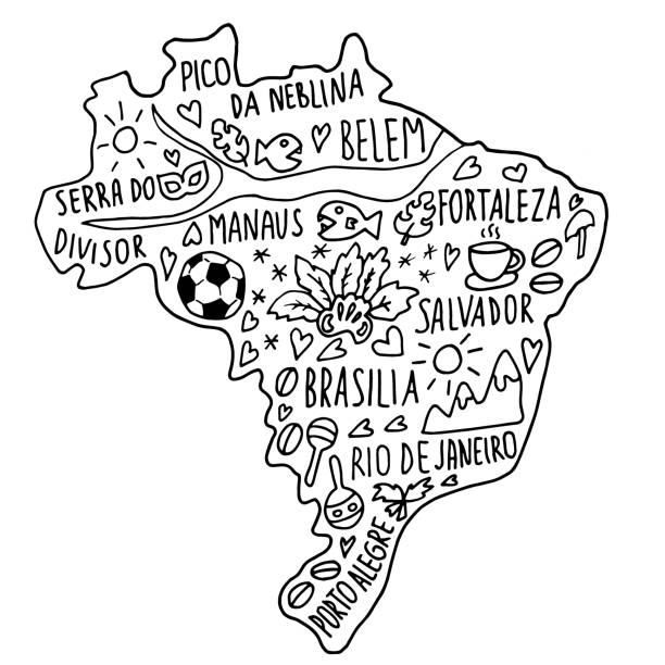 ilustraciones, imágenes clip art, dibujos animados e iconos de stock de doodle de brasil dibujado a mano, mapa de brasilia. ciudad brasileña nombra letras y monumentos de dibujos animados, atracciones turísticas cliparts. - rio carnival brazil carnival rio de janeiro