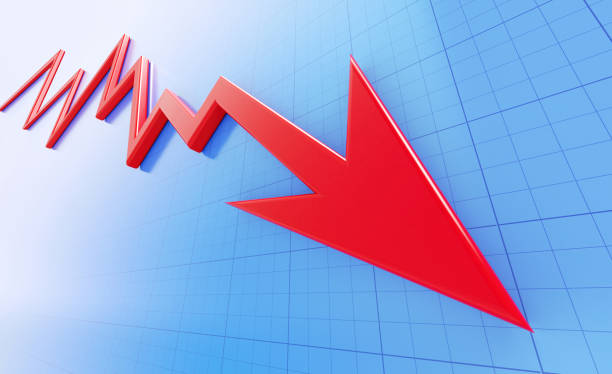 istock Volatility Concept - Red Arrow Moving Down on Blue Background 1221615562
